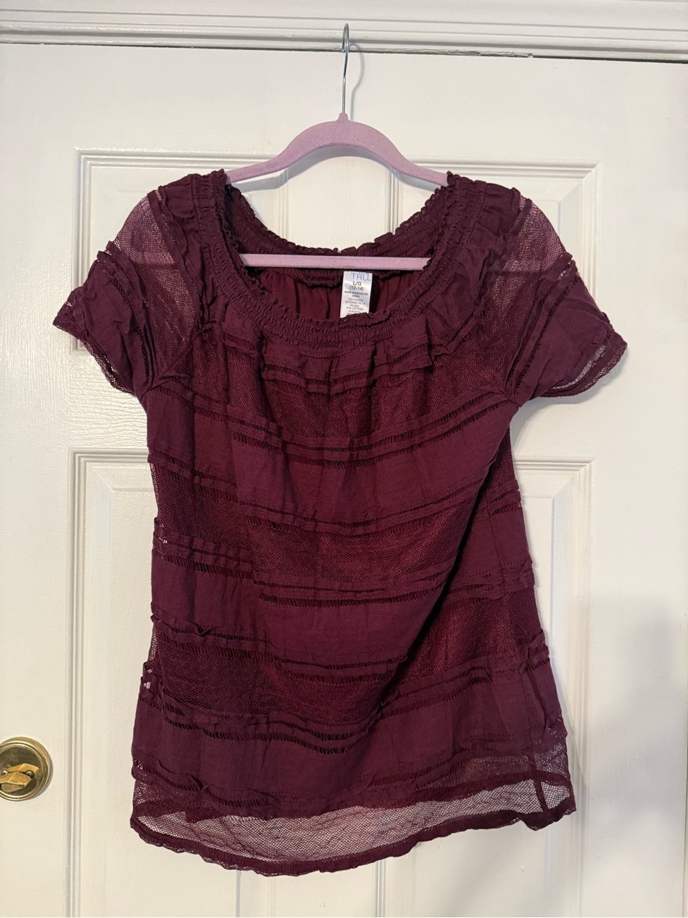 Time and Tru Burgundy Short Sleeve Lace-Trim Blouse